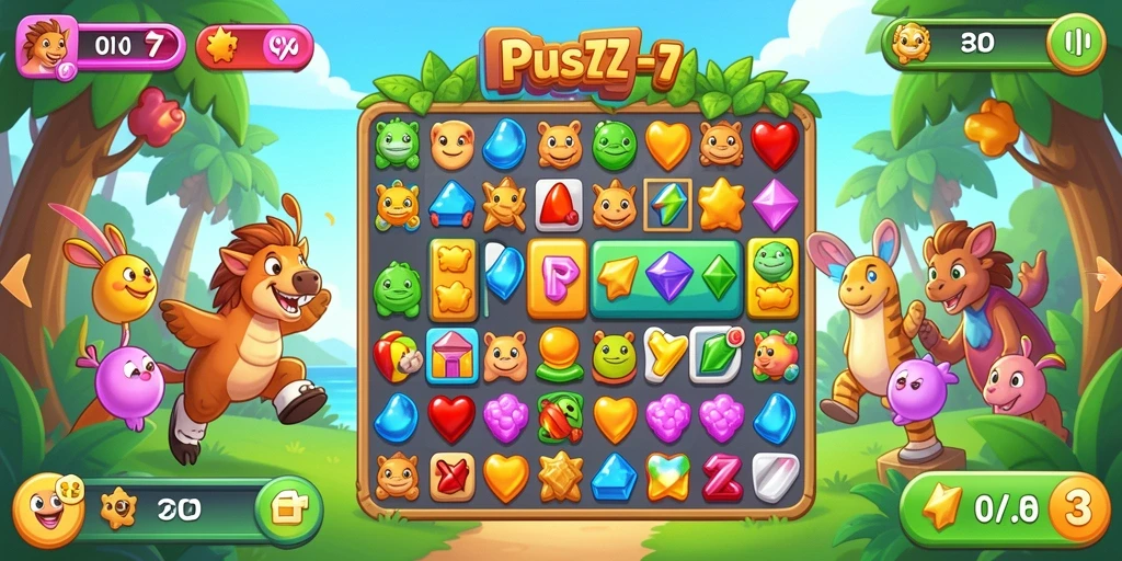 Antarmuka menarik dari permainan Puzzle Match-3 EOS77.