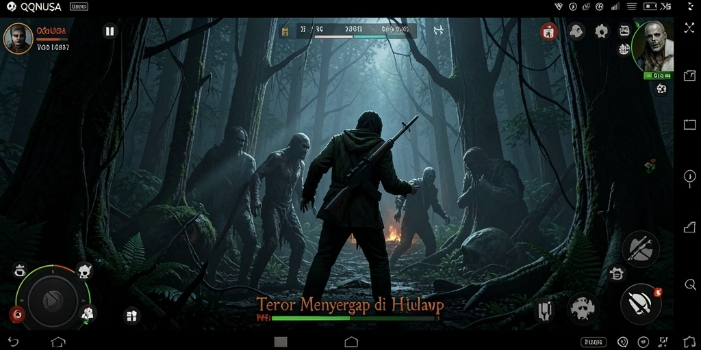 Screenshot QQNUSA menunjukkan suasana menyeramkan di hutan gelap.
